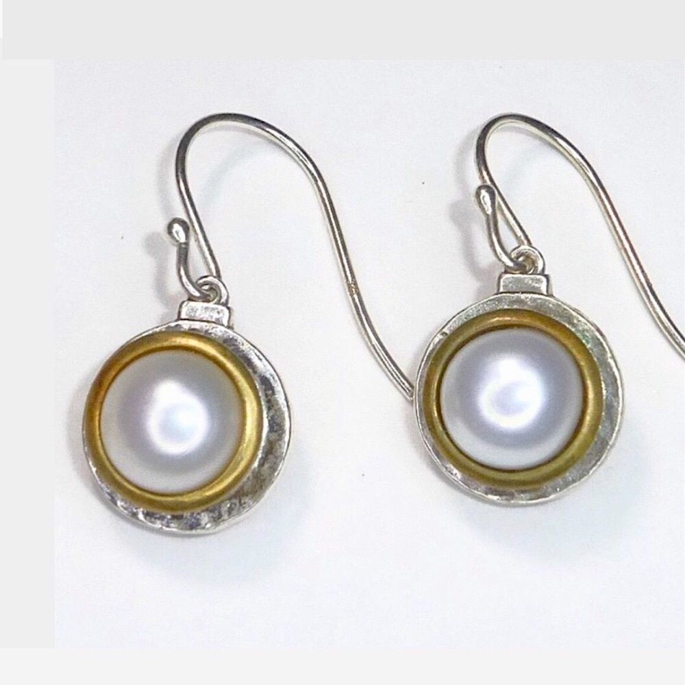 SILPADA Sterling Silver Pearl Drop Earrings with Hammered Brass Accent Two Tone
